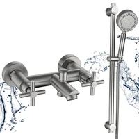 Bathroom Shower Faucet Stainless Steel Triple Bathtub Faucet Double Cross Handle Dual Control Hot Cold Mixer Valve Nozzle Tap 9