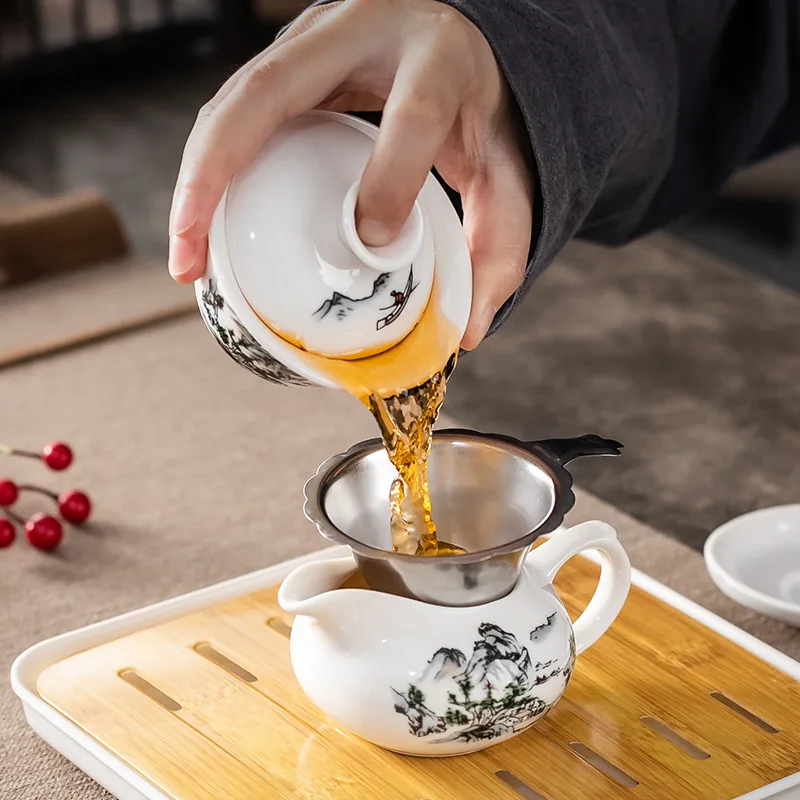 Household Kung Fu Tea Set 1 Cover Bowl 3 Cups with Dry Tray Tea Making and Reception Ceramic Cup Set
