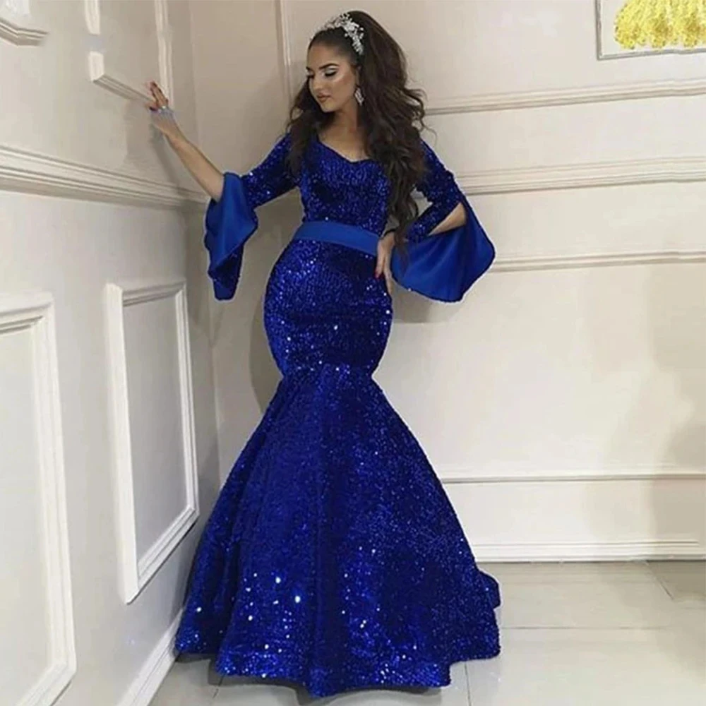 

Блестящие вечерние платья до пола с блестками Королевского синего цвета, пикантное вечернее платье-Русалка для женщин с рукавом, Дубайский арабский наряд на заказ