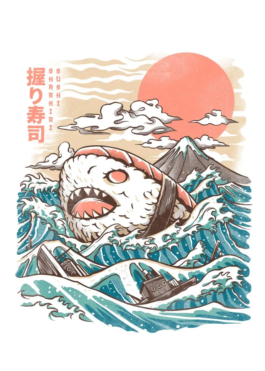 Vintage Japanese Kaijus Food Art Canvas: Sushi, Ramen, and Burgerzilla Poster