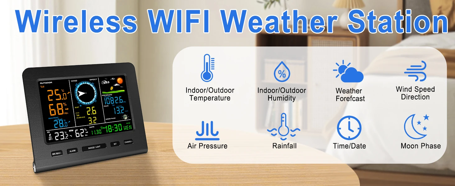 WiFi Weather Station Wireless Indoor Outdoor with Rain Gauge and Wind Speed Wind