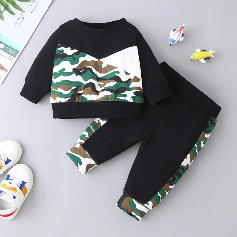 

Осенне-зимний комплект одежды для маленьких мальчиков, свитер с длинным рукавом и камуфляжным принтом в стиле пэчворк, топы + брюки, повседневная спортивная детская одежда на возраст 0-18 месяцев