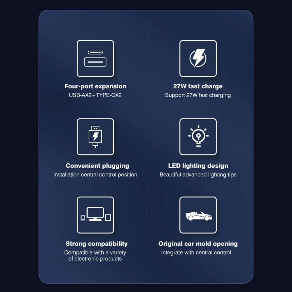 Byscoon For Tesla Model 3 Y 도킹 스테이션 27W 빠른 충전기 USB LED 션트 허브 확장 센터 콘솔 4 포트 스마트 센서