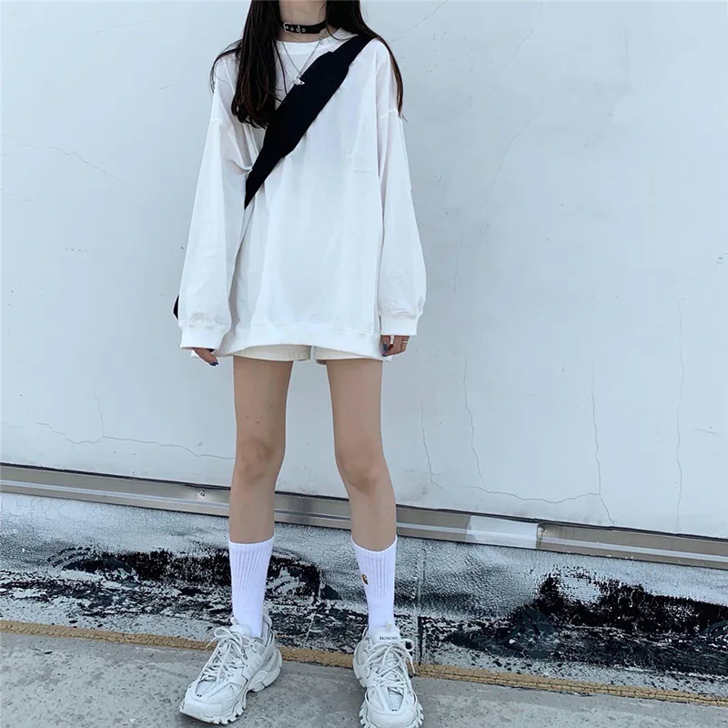 White Loose Fit Women Sweatshirt Long Sleeve Pullover Top