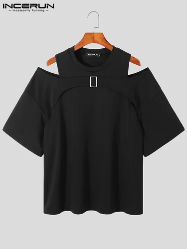 INCERUN 탑스 2023 한국어 스타일 뉴 중공 숄더 Camiseta 패션 남성 솔리드 모든 매치 가짜 두 반팔 티셔츠 S-5XL 3
