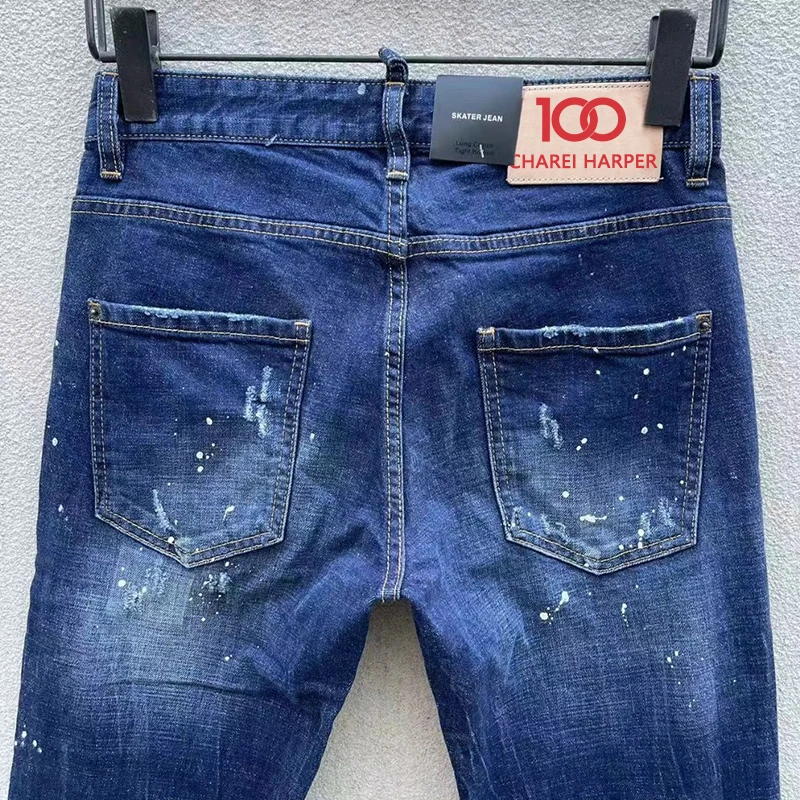 100 chareiharper c061 Men's jeans ripped fabric ground white patchwork paint splash vintage blue jeans