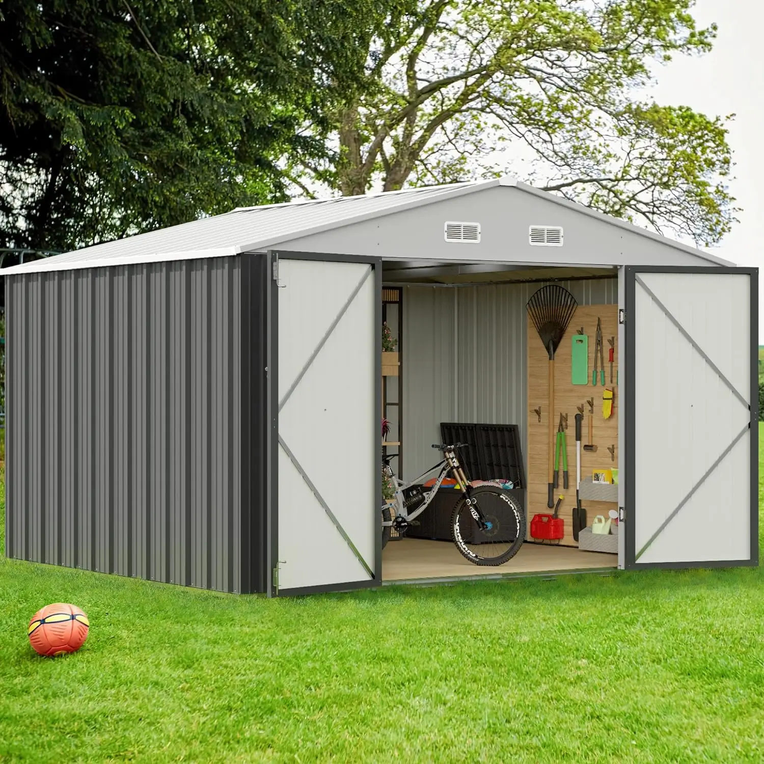 

10 x 8 FT Shed Outdoor Storage Metal Garden Shed with Lockable Door Outside Waterproof Tool Shed for Backyard, Patio,Gray