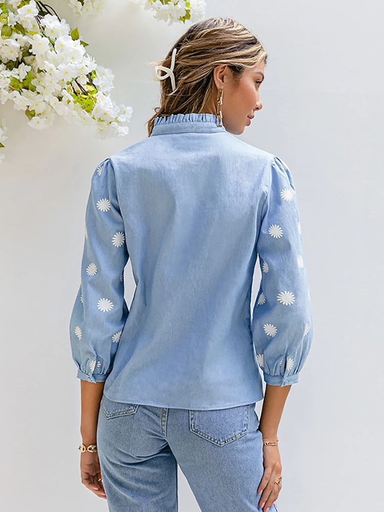 Simplee Denim Light Blue Puff Sleeve Female Blouse Casual Stand 