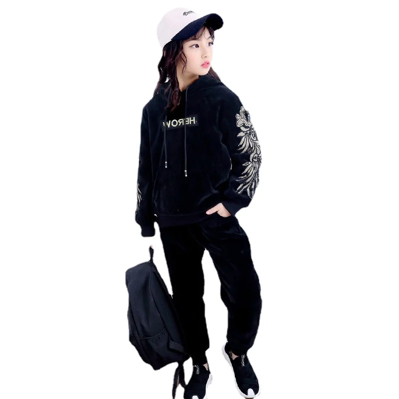 

New Kids Clothes Sets Style Plush Girls' Spring and Autumn Golden Velvet Suit,two-piece Sports Set for 4-12 Ages