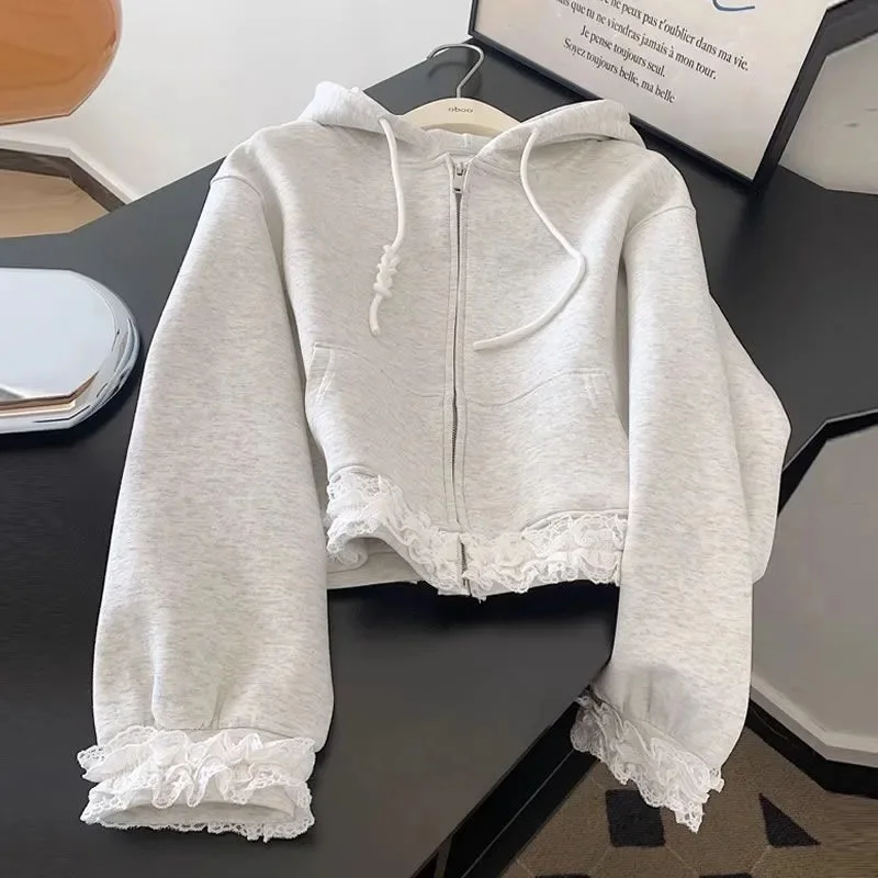 Lace Patchwork Sweet Hoodies Women Spring Preppy Style Long Sleeve Cute Sweatshirt Fashion Pockets Female Loose Korean Tops New