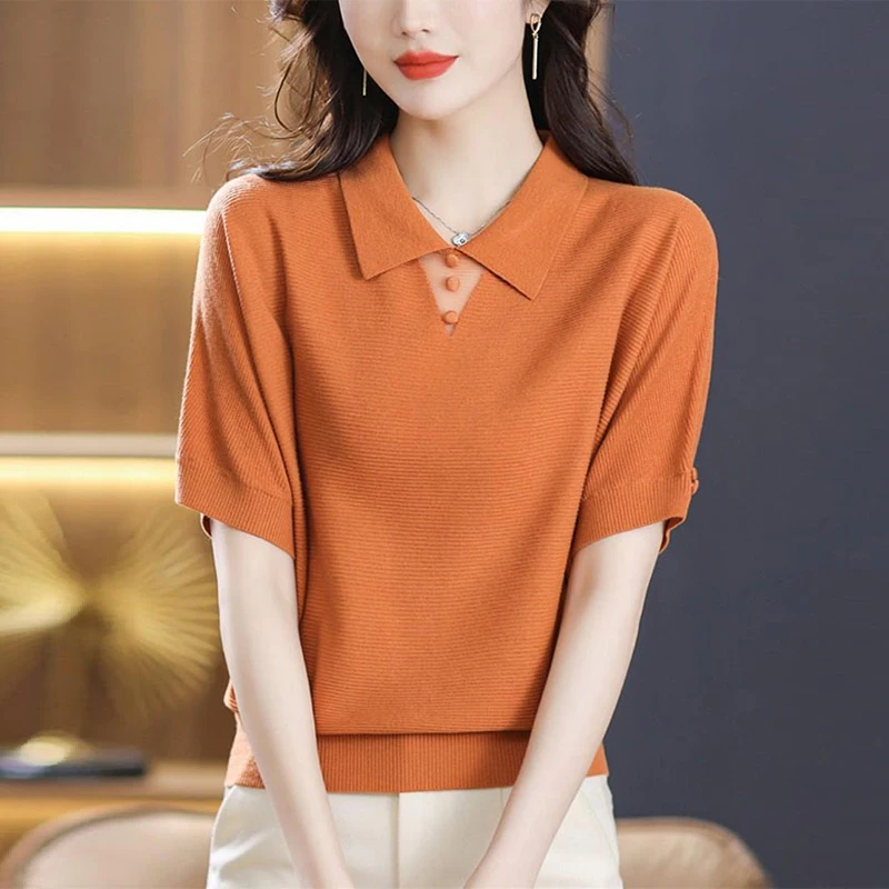 

Summer Polo-neck Solid Color Hollow Out Knitting Top Maleshort Sleeve Casual Fashion T-shirt Ladies Comfortable Sweater Tee Men