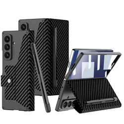 Frosted Leather Fold Stand Case with Stylus Holder & Screen Glass Cover - Galaxy Z Fold7 (Carbon Fiber Style)