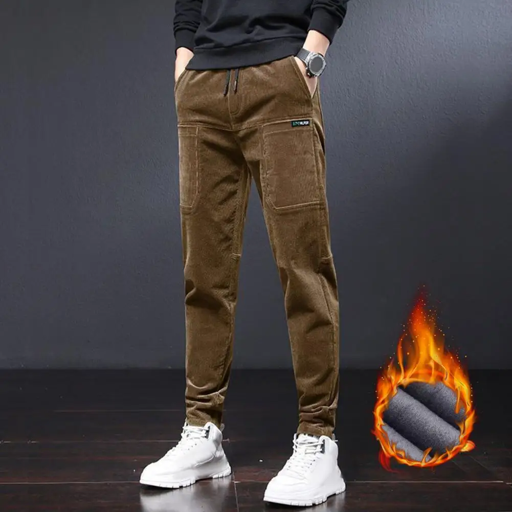 

Brand Clothing Winter Fleece Warm Casual Pants Men Cotton Elastic Waist Brown Grey Twill Work Slim Flocking Cargo Trousers Male