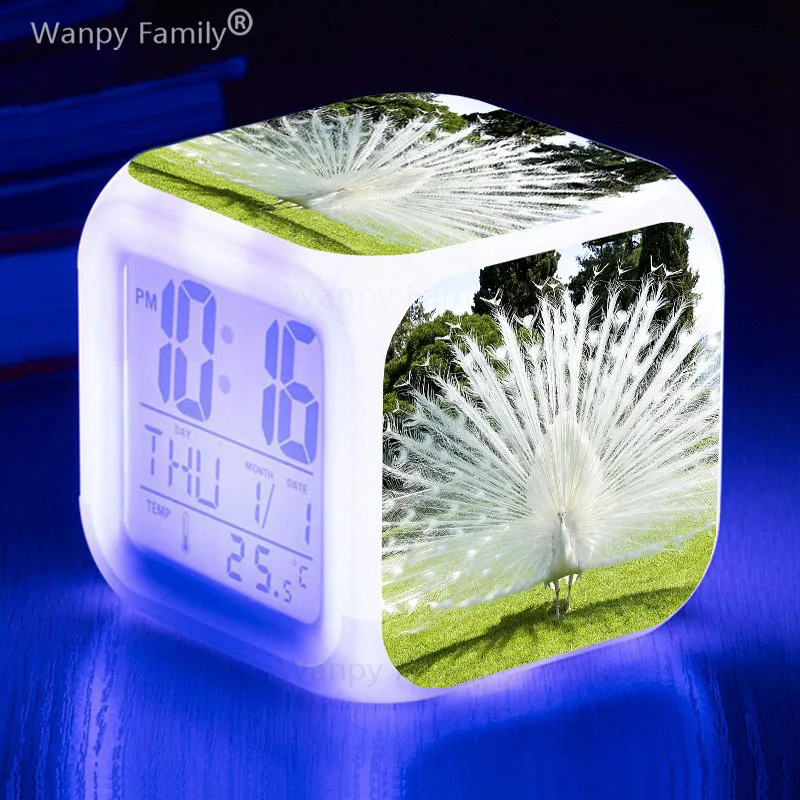 Very Nice White Peafowl Alarm Clock Student Room Multifunction Night