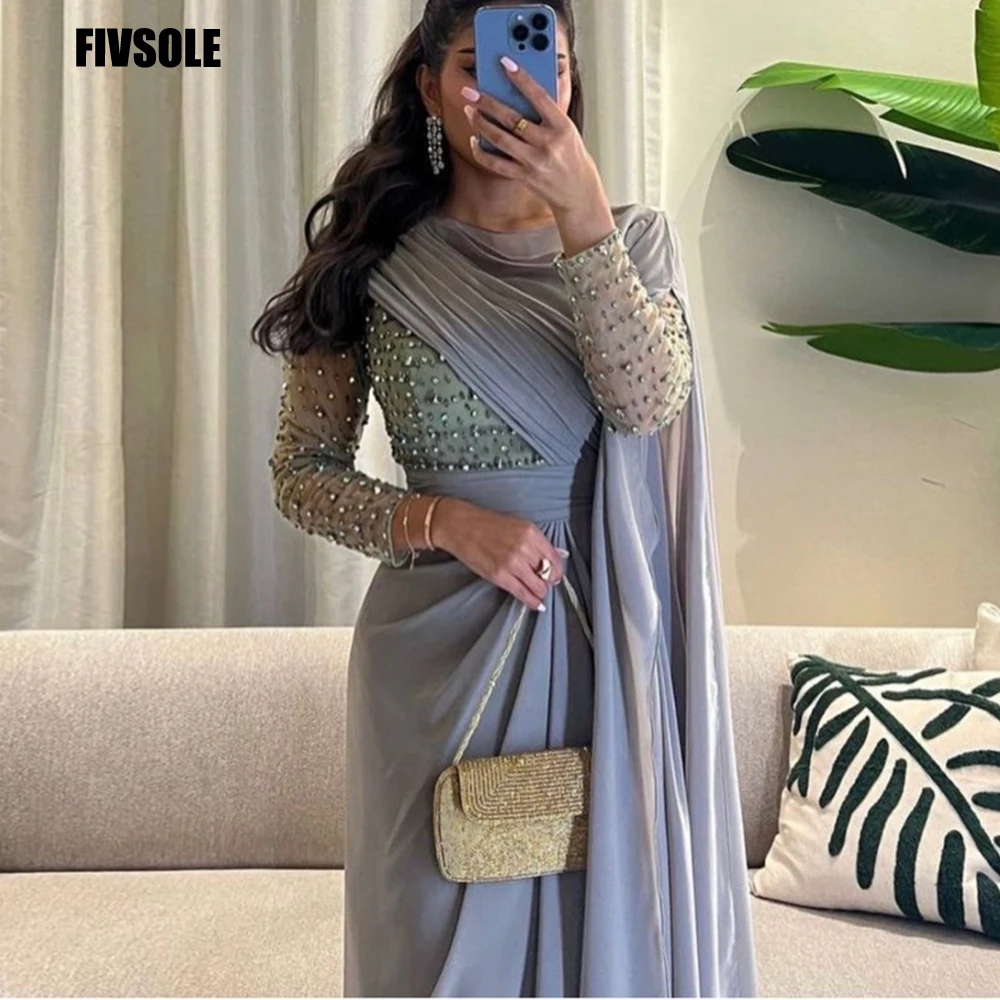 

Fivsole A-line Chiffon Evening Dresses Luxury Crystals Saudi Arabia Floor Length High Neck Prom Gown For Women Vestido De Festa