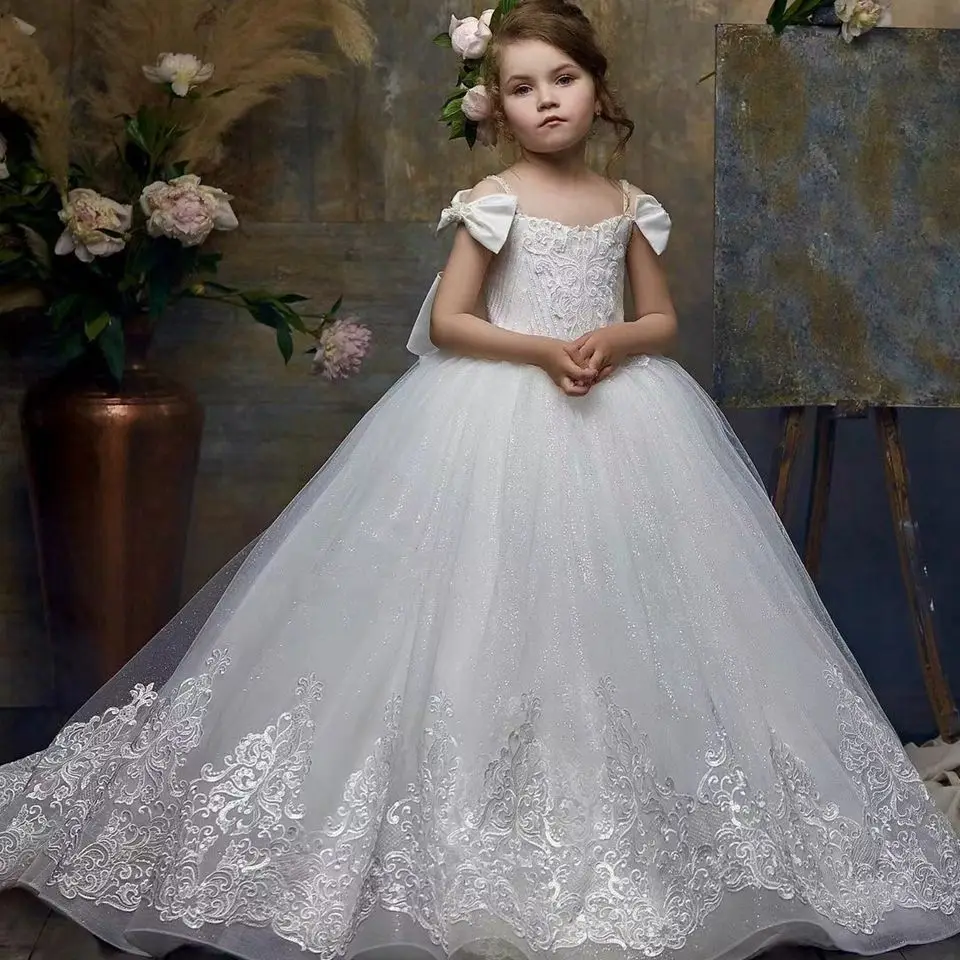 

New Elegant White Puffy Tulle Flower Girl Dresses For Wedding Princess Ball Gown Lace Appliques First Communion Gowns With Bows