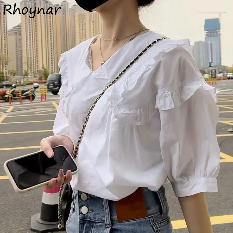 

Blouses Women New Arrival Fashion Summer Ruffled Puff Sleeve Solid Loose Casual Student Simple All-match BF Chic Folds Hot Sale