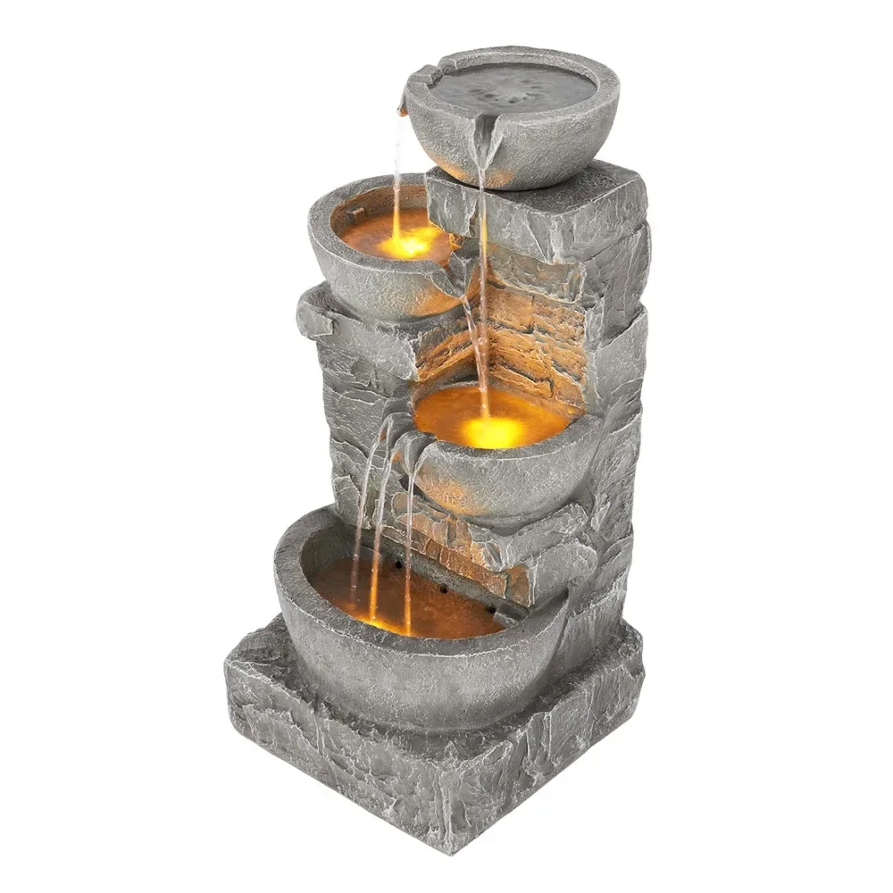 

2024 New 33.25 in. Cascading Bowls and Stacked Stones LED Outdoor Water Fountain for Outdoor Living Spaces