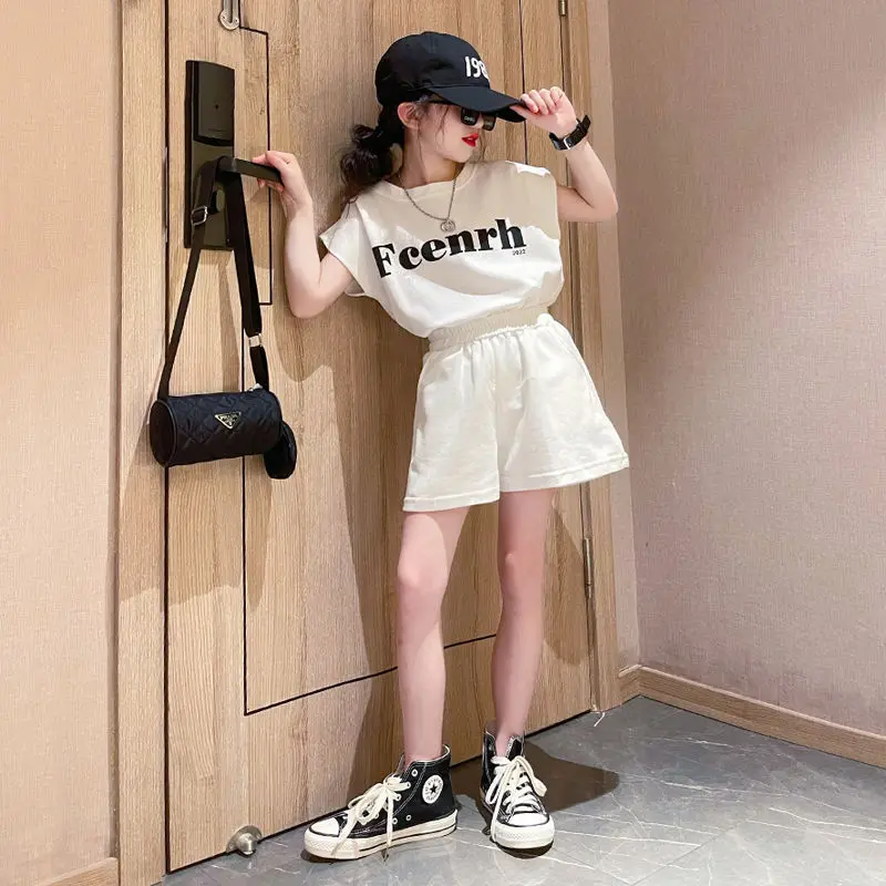 

Children's Sets Girls Korean Style Summer New Style Letter Short Sleeves + Loose Shorts Casual Two-piece Set Longuewear Outfit