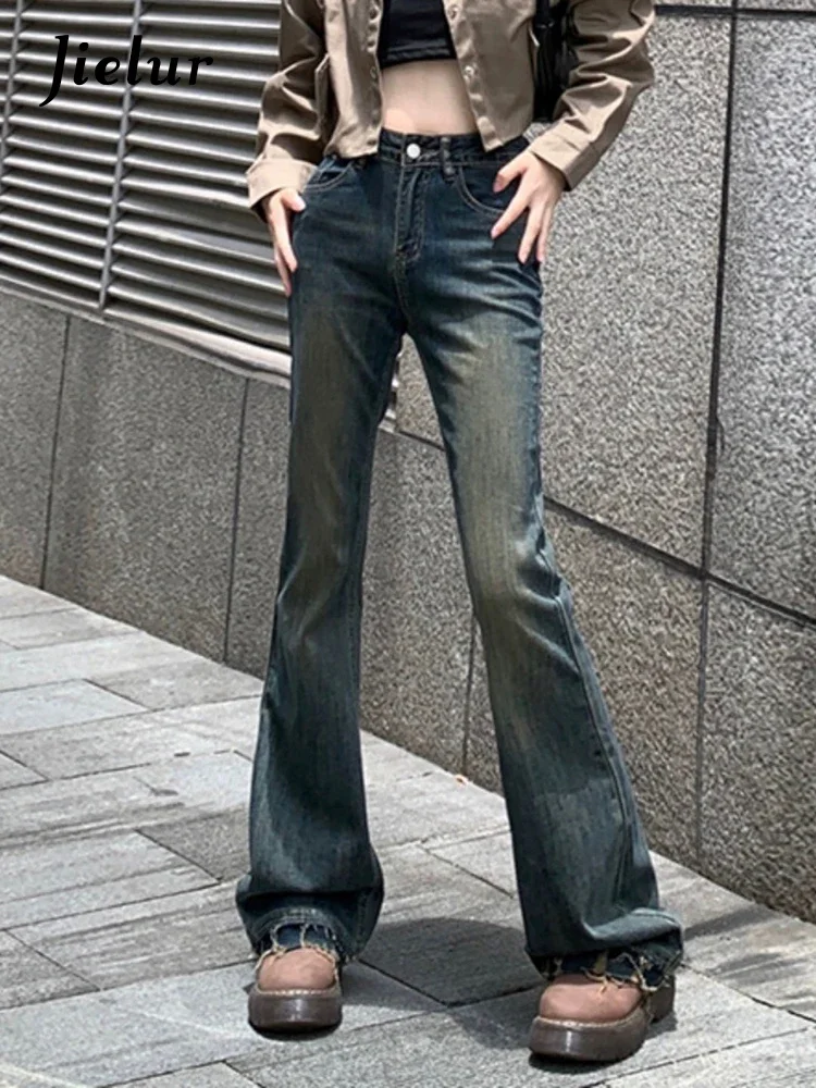 Jielur 아메리칸 스타일 섹시 빈티지 블루 여성 청바지, 하이 스트리트 슬림 Y2k 시크 포켓 여성 플레어 팬츠, 오피스 레이디 패션