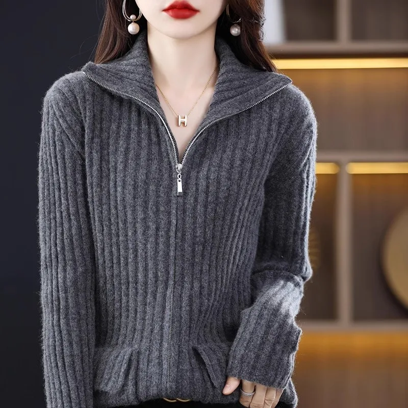 

Limiguyue Zipper Turtleneck Wool Cashmere Women Sweater Thicken Twist Knit Cardigan Soft Winter Autumn Striped Jumper E327
