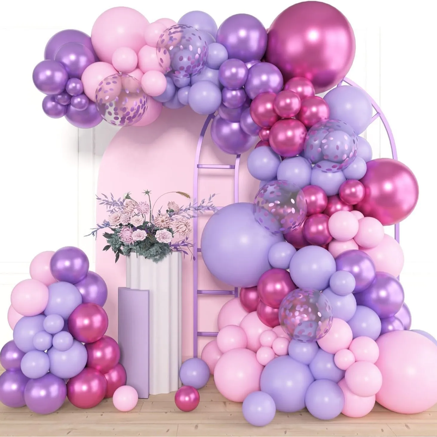 130 Stück wunderschöner rosa lila Ballonbogen – metallische magentafarbene Latexballons, Girlandendekoration für Brautpartys, Jahrestag, Party