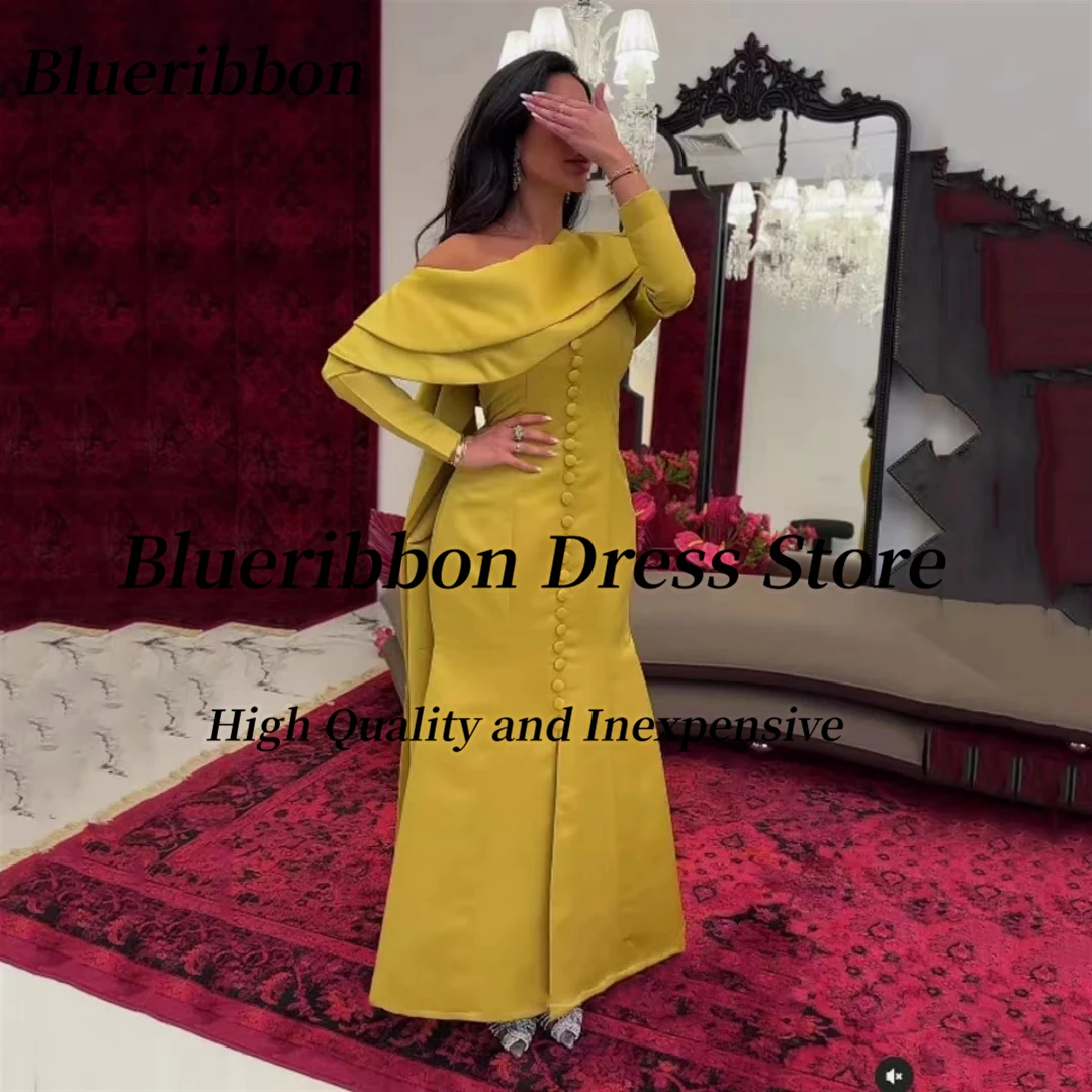 

Blueribbon Vestido De Festa De Casamento Buttons Front Slit Prom Dresses Saudi Arabia Long Sleeves Evening Party Gowns