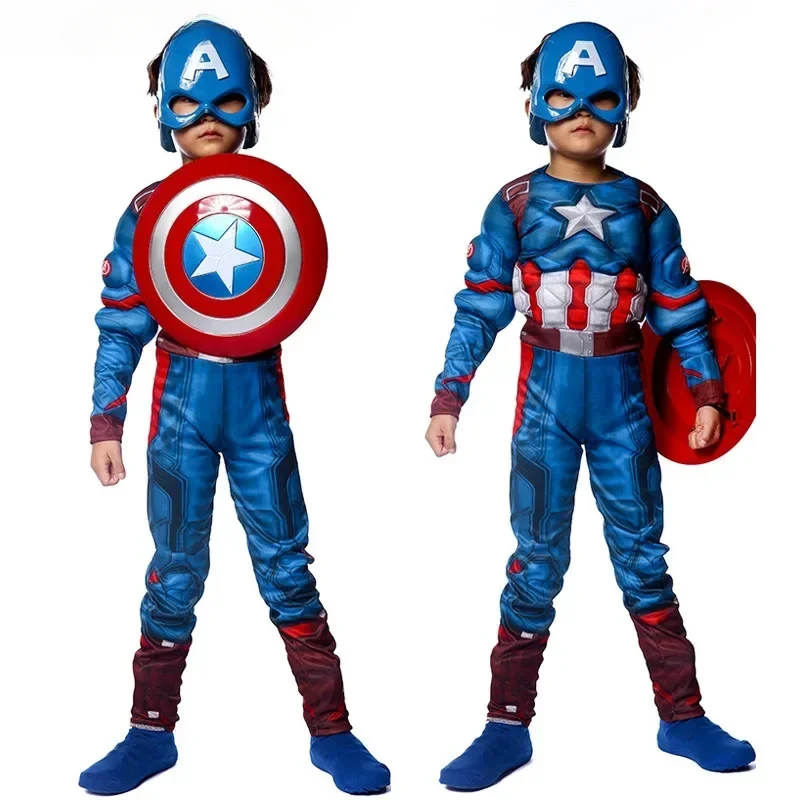Boys Captain Rogers Costume Blue Superhero Muscle America Jumpsuit Halloween Purim