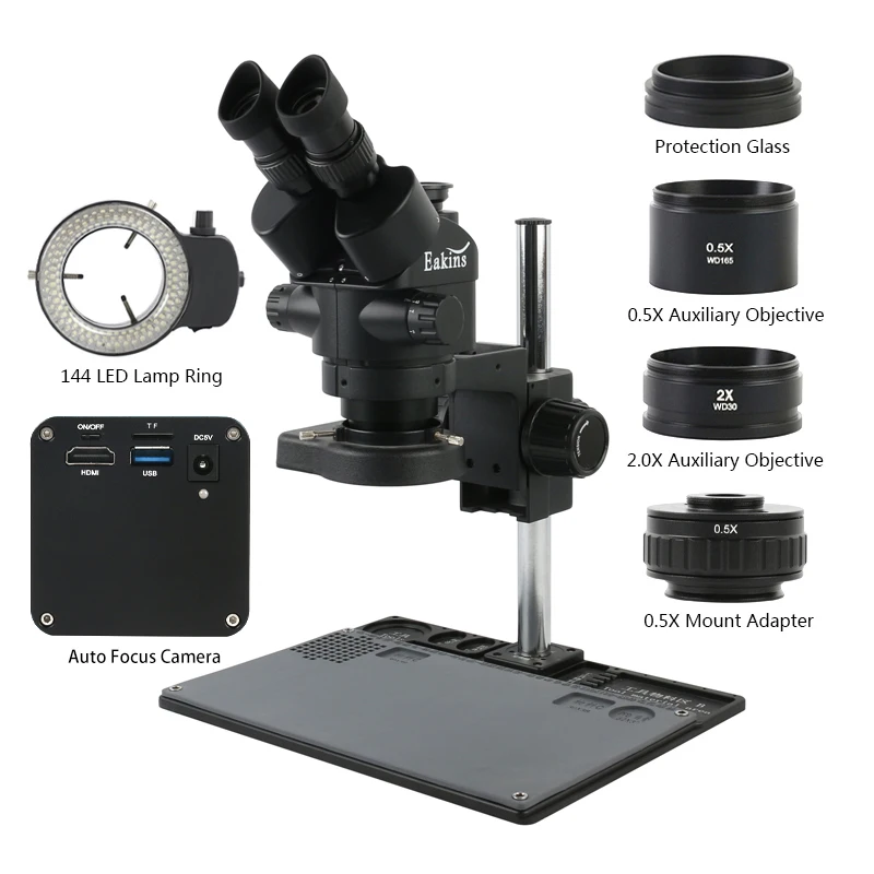 Simul-Focal 삼안 현미경 스테레오 현미경, 3.5X-90X + FHD 1080P 12MP 산업 HDMI USB 자동 초점 PC 측정 기능