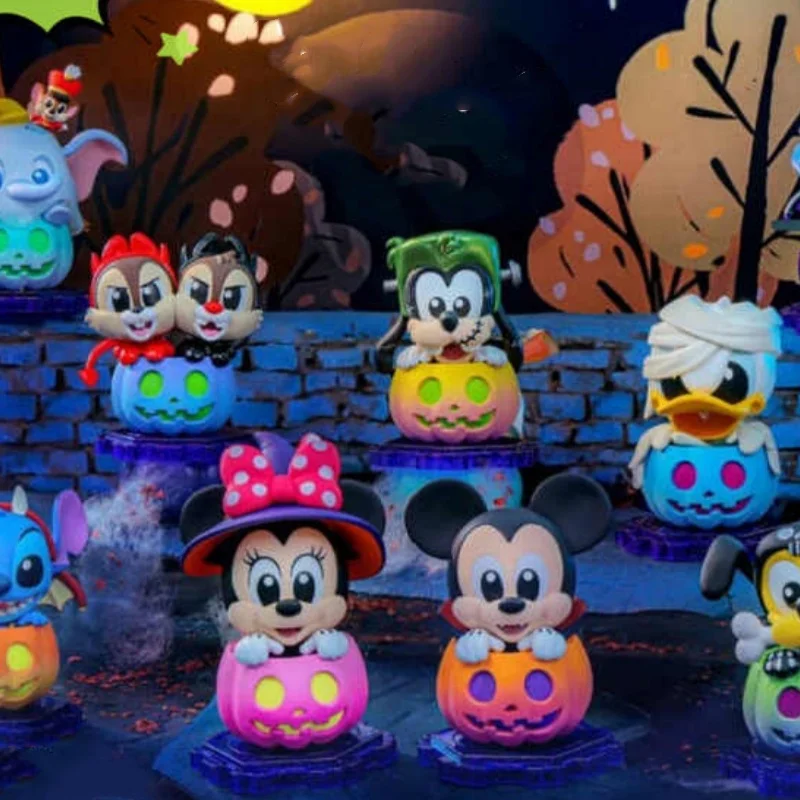 Caja misteriosa original de la serie Pumpkin de Disney Mickey Mouse y sus amigos, modelo de muñeco de PVC Stitch, regalo sorpresa de Halloween, colección de juguetes