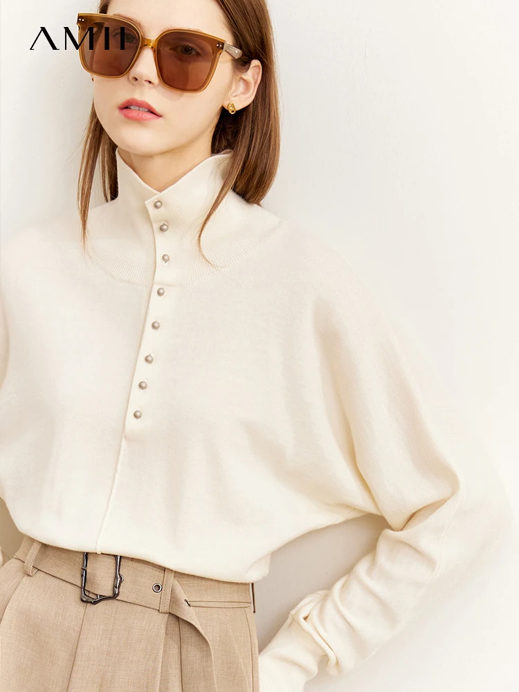 AMII Minimalismus 100% Woolen Pullover Frauen Herbst 2022 Lose Pendler Flügelhülsen Hohe Kragen Gestrickte Pullover Tops 12240969