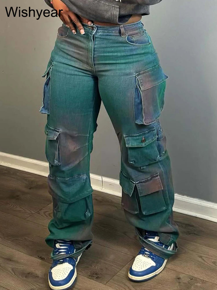 Chic Tie Dye Print Painting Cargo Pants Women Streetwear Pockets Stretch Denim Wide leg Jeans Zipper Casual High Waist Trousers iamsure loose pockets jeans casual high waisted trousers women wide leg pants cool long cargo pants 2021 fashion streetwear 90s