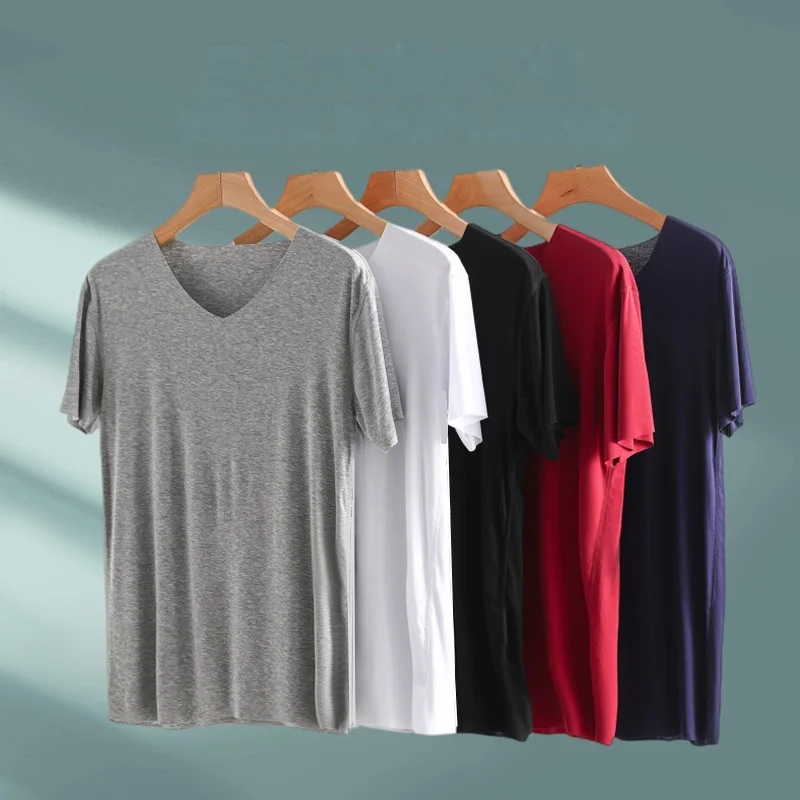 여름 남성 아이스 실크 모달 V-neck 짧은 소매 티셔츠 플러스 사이즈 이음매없는 내복 셔츠 다용도 겉옷 얇은 탑