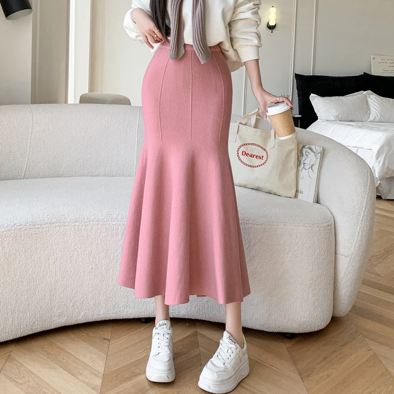 Women Elegant Knitted Black Skirts Autumn Winter High Waist Faldas Largas Office Ladies Korean Style Party Long Skirt Bodycon