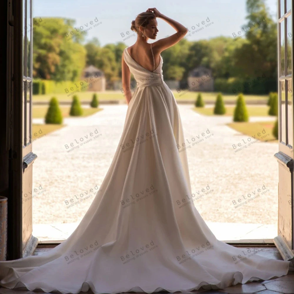 Graceful Wedding Dresses Satin A-Line Bridal Gowns V-Neck High Split Robes For Formal Party Pretty Vestidos De Novia Customized 2