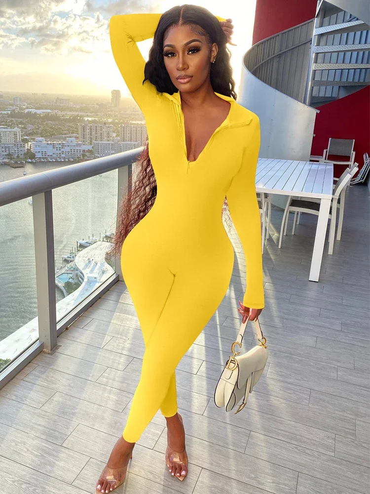 

New Solid Zipper Up Sporty Long Jumpsuits Women Active One Piece Outfits for Female Turn Down Collar V Neckline Skinny Bodysuits