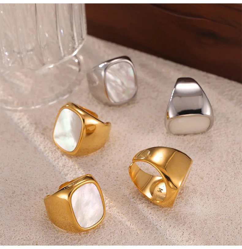 Elegante weiße Muschel bunte Ringe für Frauen vergoldet wasserdicht Edelstahl nicht verstellbar Ring Modeschmuck GIF – Detail 9