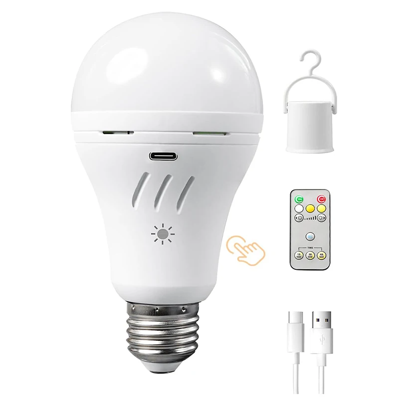 

USB Rechargeable Light Bulbs with Remote 3 Color Temperatures Dimmable Operated Light Bulb E27 Wireless Battery Lights Timer