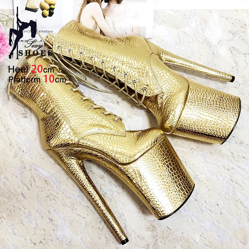 Golden Short Booties Mujer Luxury Platform Nightclub 20CM Extreme high heel Emboss Large Size Shoes For Woman Pole Dance Boots