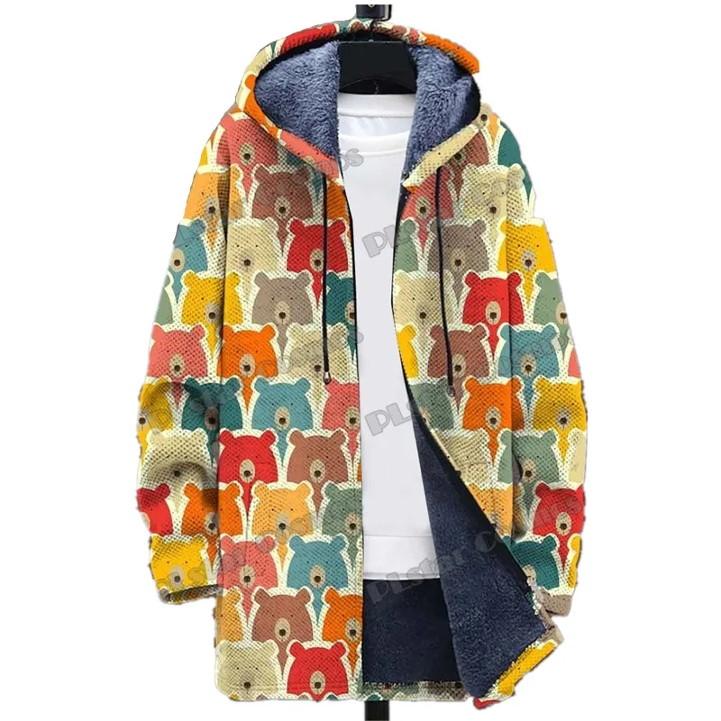 

Fashionable Rainbow Art&Bears collage pattern 3D printing men's plush thick hooded jacket winter casual warm zippered jacket