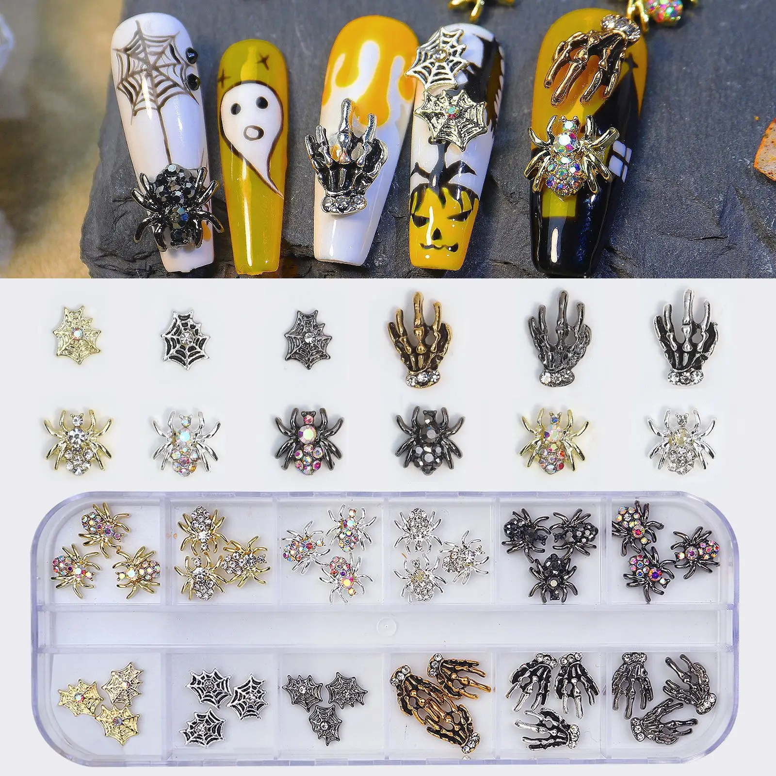 

3D Halloween Alloy Nail Art Charms Skull Nail Jewelry Spider Decors With Rhinestones Nail Decoration Manicure Kit
