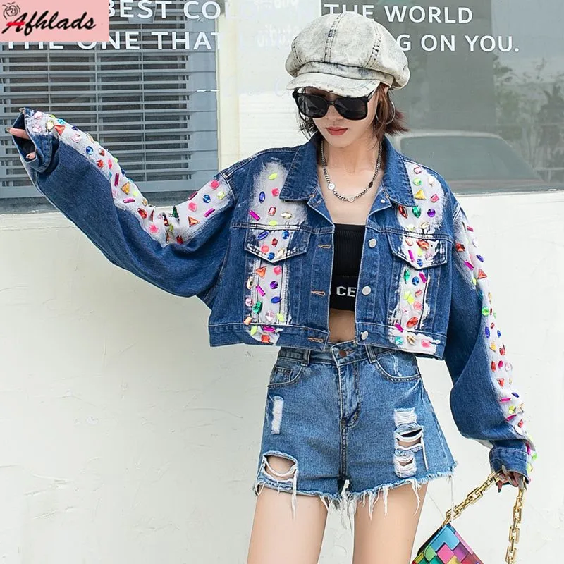 

Spring Autumn Personality Tie Dye Long Sleeve Denim Coats Women's Loose Streetwear Patchwork Color Diamond Female Jacket