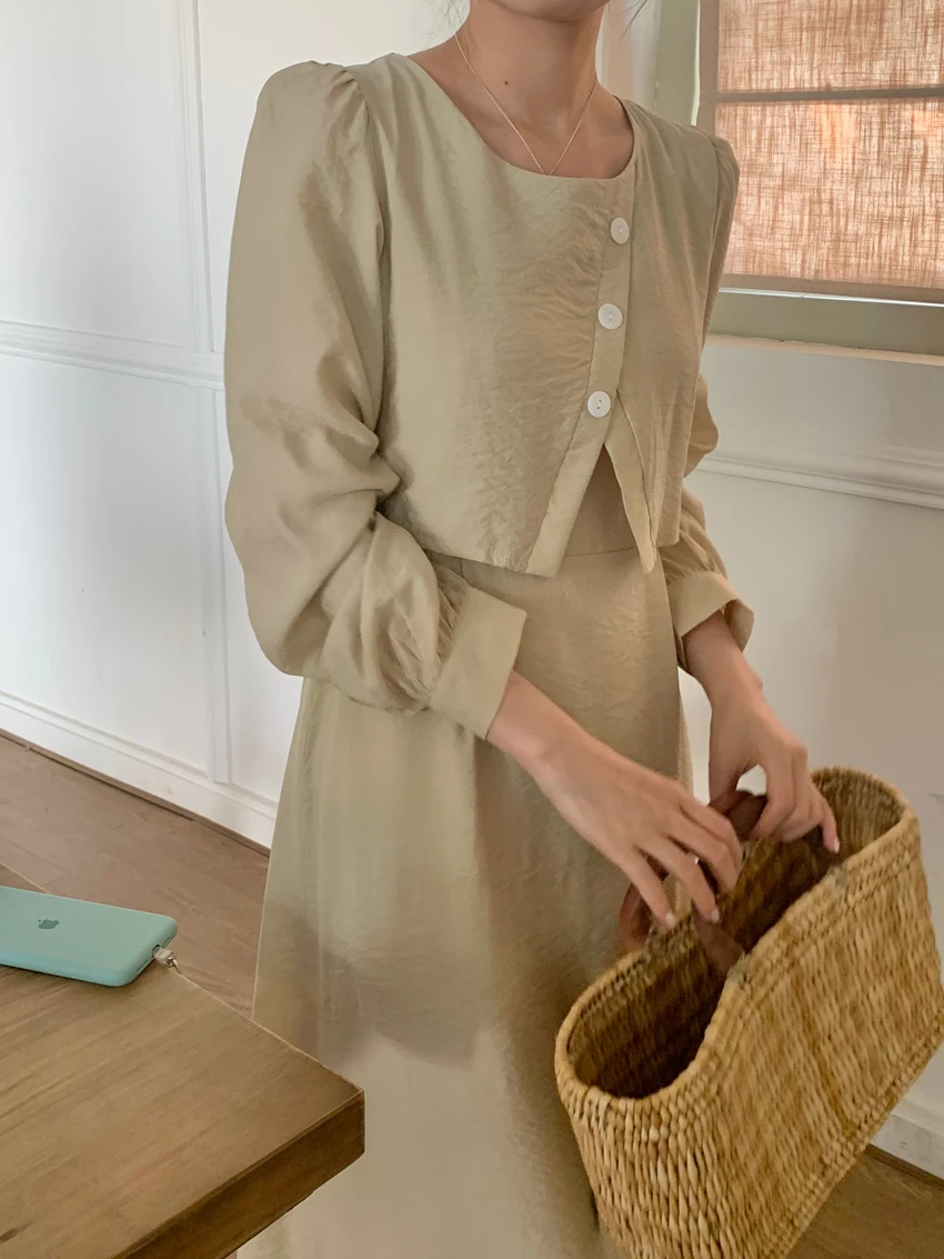 Sommer neue einfarbige schlanke Frauen Kleid süße Damen Frau Freizeit kleid lose Retro gefälschte zweiteilige lang ärmel ige Kleid weiblich – Detail 29