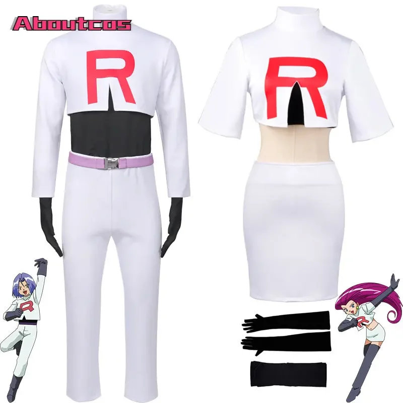 

Aboutcos-Disfraz del equipo Rocket Jessie Musashi James Kojirou para adultos, conjunto de Halloween, accesorios de Anime