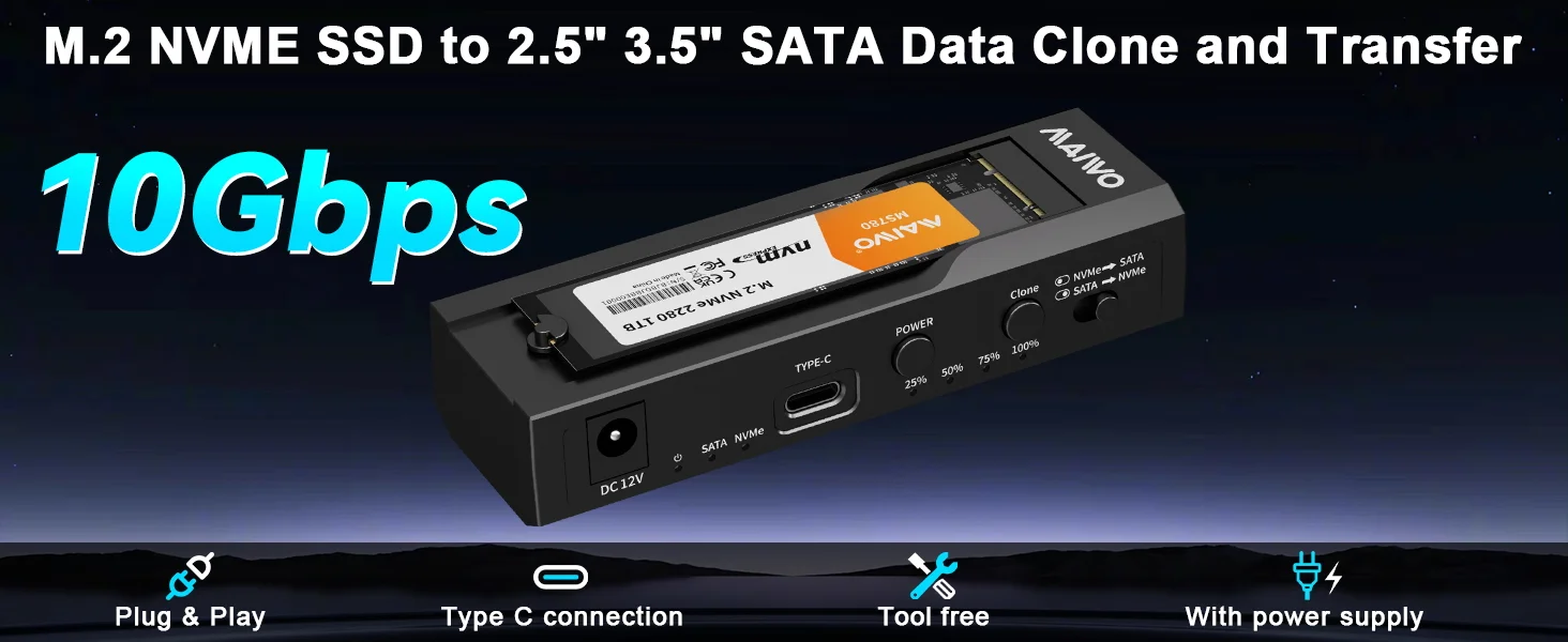MAIWO 10 Gbit/s Typ-C Dual-Bay M.2 SSD Gehäuse NVMe SATA Dual Protocol M2 Gehäuse Dockingstation 2,5/3,5 Zoll mit Office Clone – Detail 1