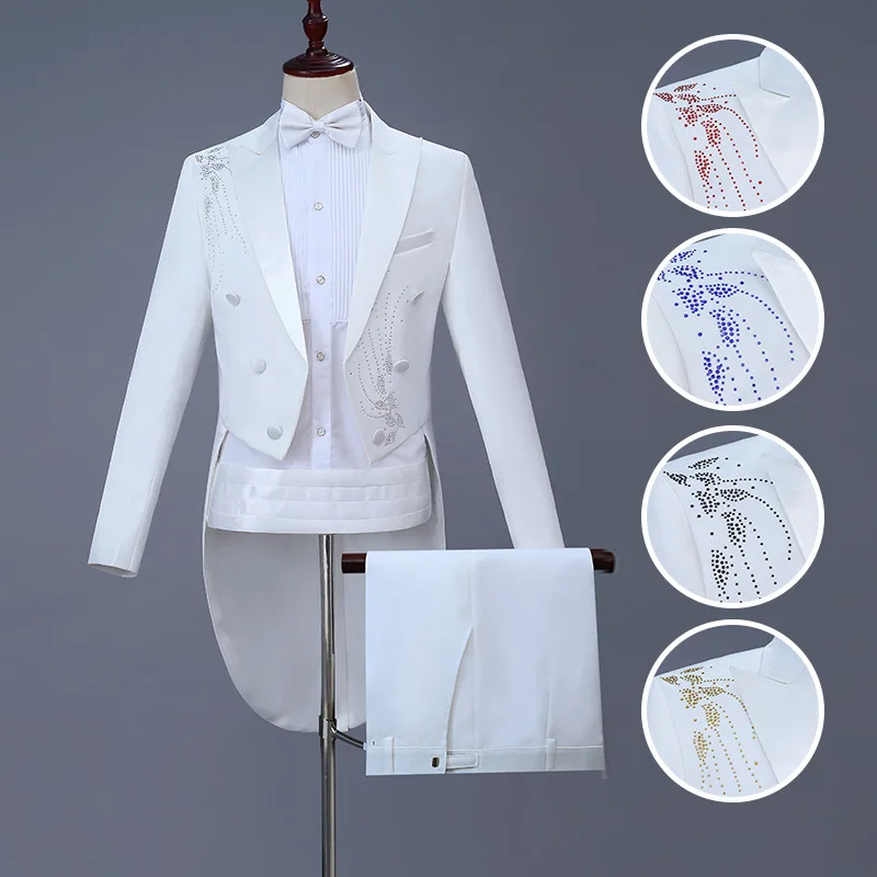 

[Jacket + Pants] Men's White Diamond Tuxedo Fashion Slim Prom Christmas Halloween Party Wedding Groom Singer Host Costume