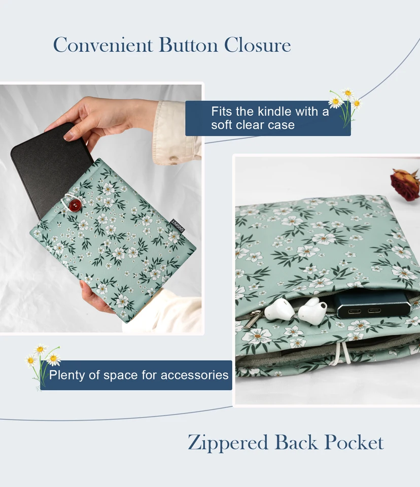 Embroidered Flowers Kindle Sleeve, Padded Book Sleeve, Book Pouch,kindle Paperwhite Case, Kindle Oasis Cover, IPad Sleeve, Cute Book Sleeve