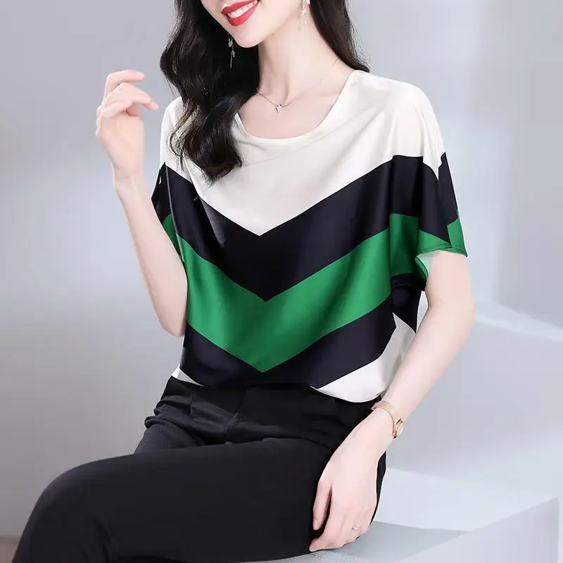 

Женская одежда, пуловеры с круглым вырезом, лоскутные тонкие свободные повседневные Элегантные футболки в полоску с коротким рукавом, лето