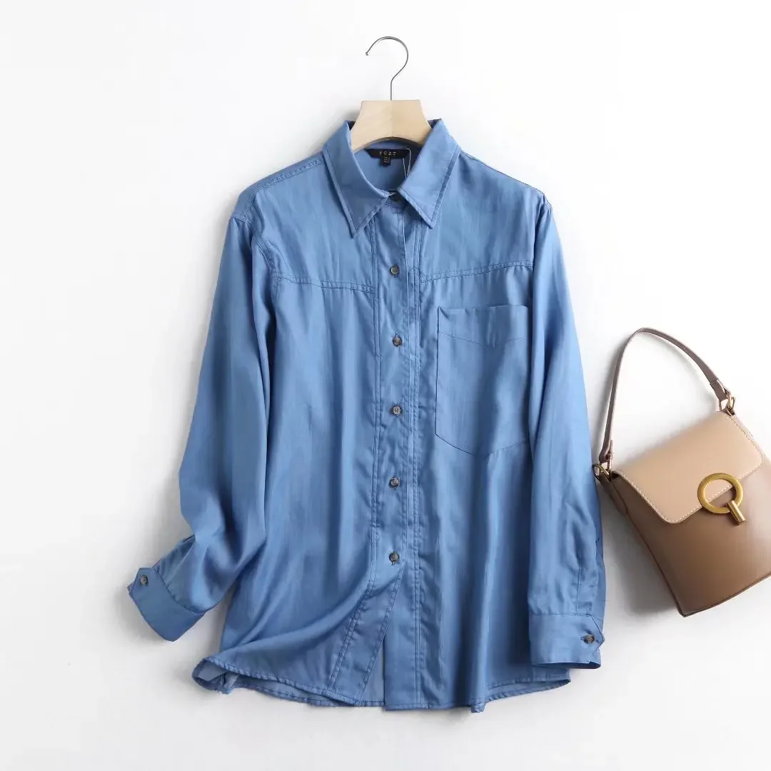 

Women's 2023 Fashion Casual Pocket Decoration Loose Long Version Blouses Retro Long Sleeve Button Blouses Chic Tops.