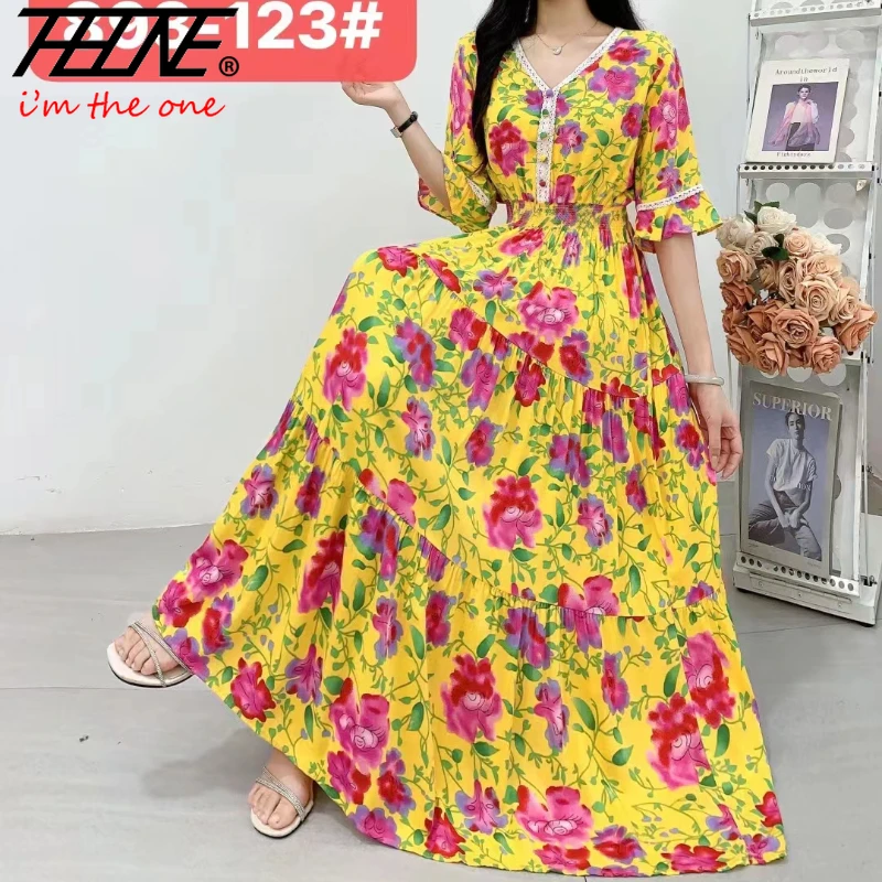 

THHONE Vestidos Robe Dress Women Maxi Long Indian Casual Beach Korean Floral Cotton Linen Summer Lace Up Boho Bohemian Dresses